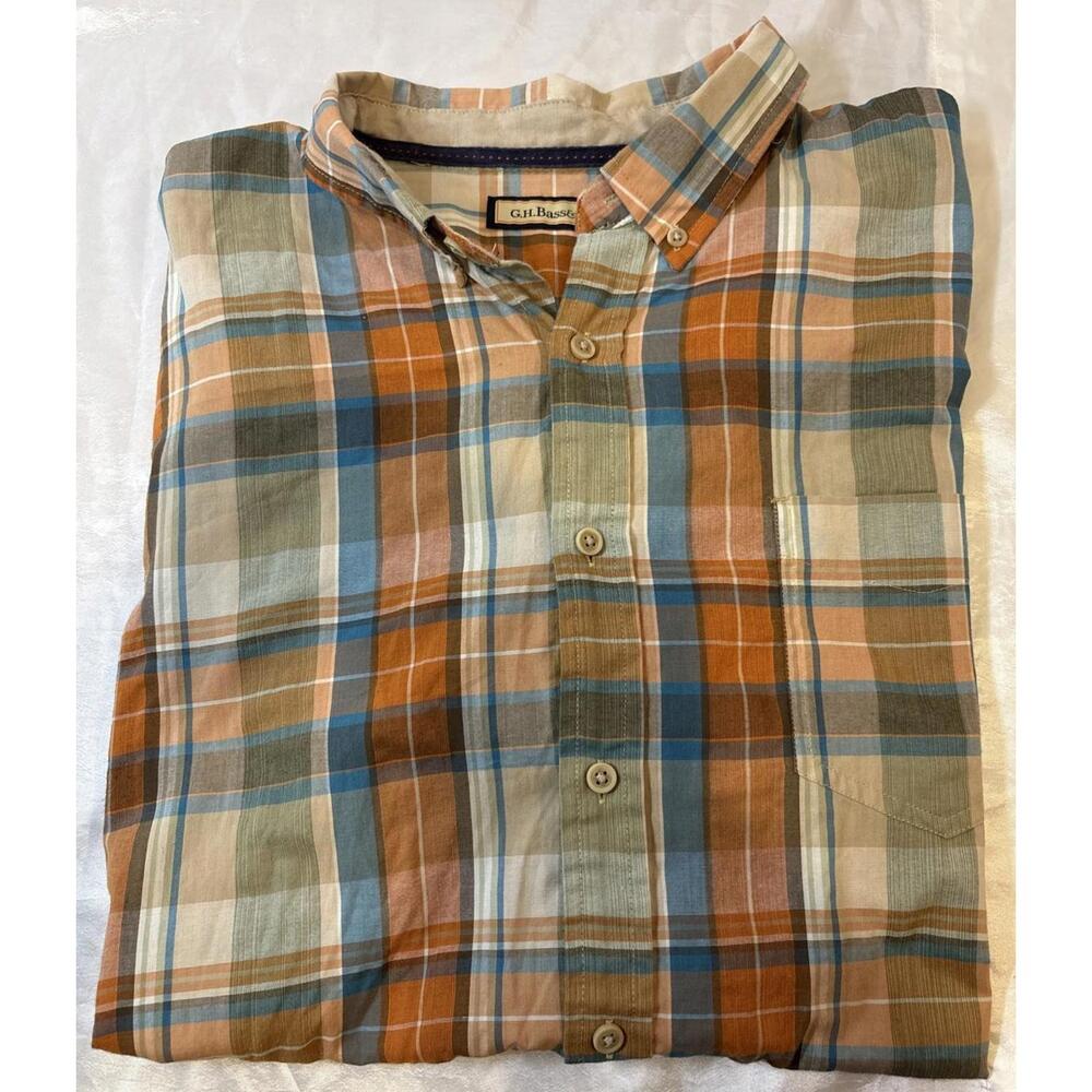 G.H. Bass & Co. Men's Shirt 2 XL XXL Orange Blue Plaid Button Down Short Sleeve
